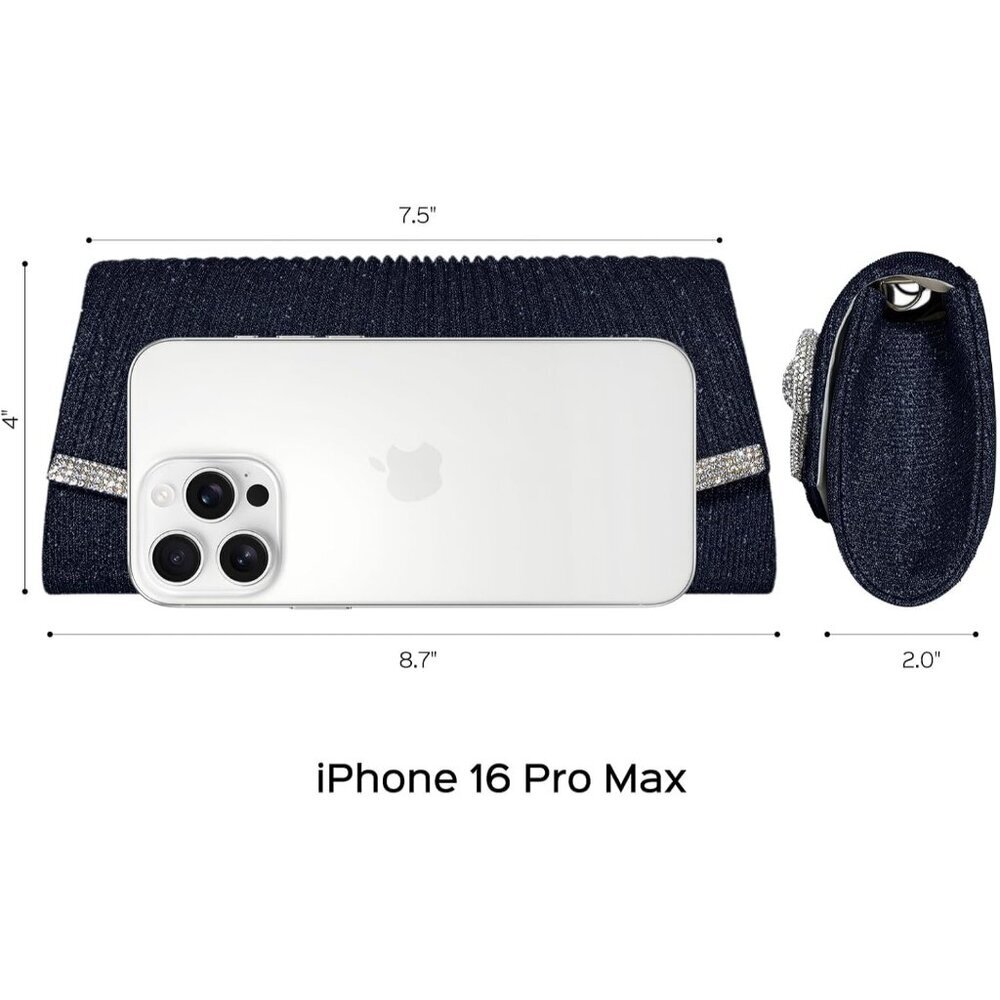 Women Bow Navy Blue Imported Magnetic Purse Rhinestone Envelope Party Handbag - Picture 4 of 6